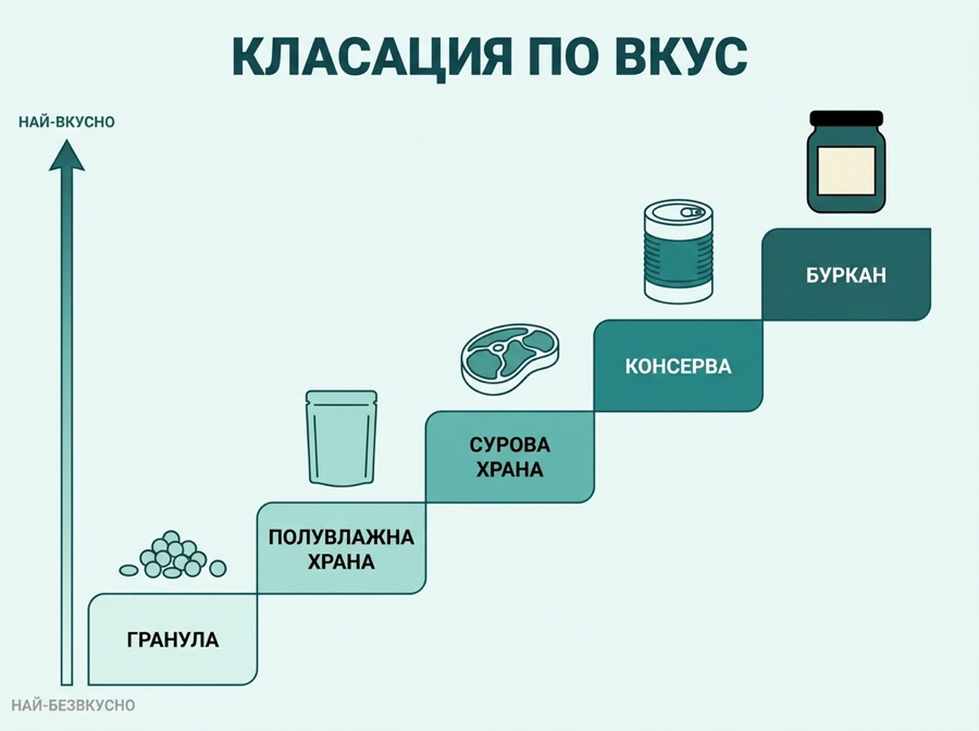 Класация по вкус: гранула, полувлажна храна, сурова храна, консерва, буркан