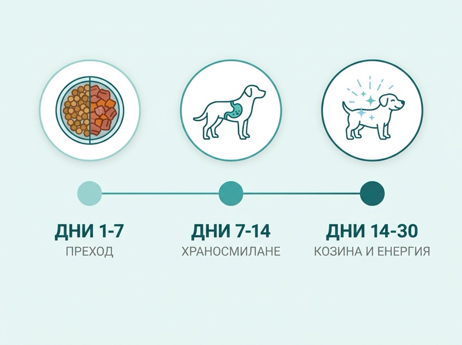 Времева линия: дни 1-7 преход, дни 7-14 храносмилане, дни 14-30 козина и енергия
