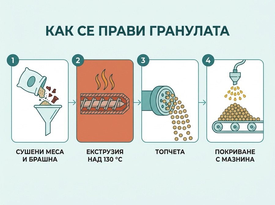 Как се прави гранулата: сушени меса и брашна, екструзия над 130 °C, топчета, покриване с мазнина