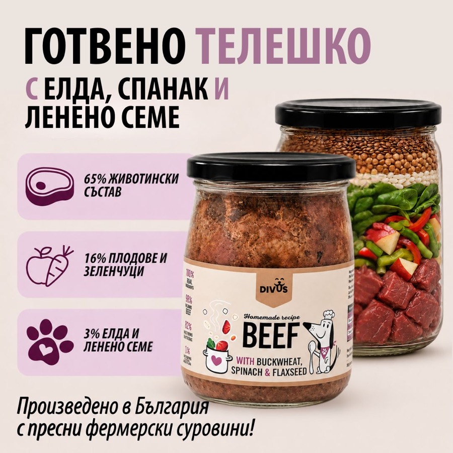 DIVUS домашно приготвено телешко с елда, спанак и ленено семе, 510 г